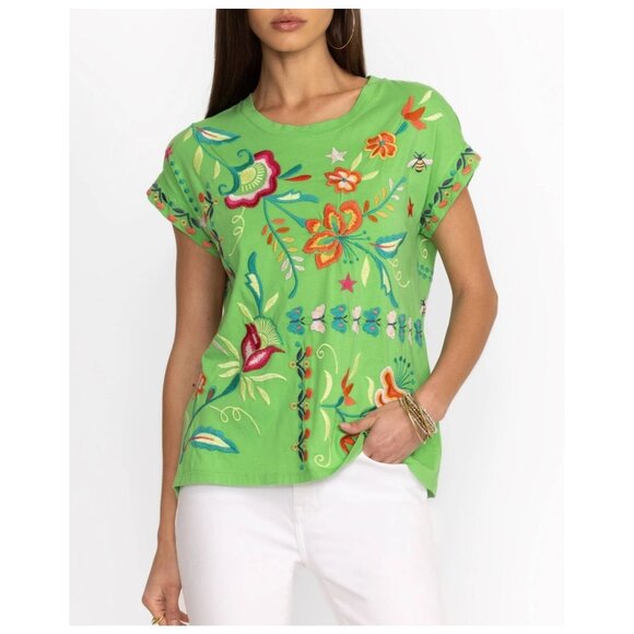 Johnny Was Averi Relaxed Tee Womens Size M Heavily Embroidered Boho Artsy Green - Picture 1 of 9